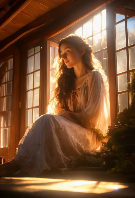 Tyndall effect，Tyndall lighting enhancement，Tyndall effect加强，Cute elf girl sitting curled up in dark cabin，Beautiful and delicate face，Look up at the skylight，Strong sunlight shines on her face through the only four-pane skylight，Tyndall effect，Tyndall lig...