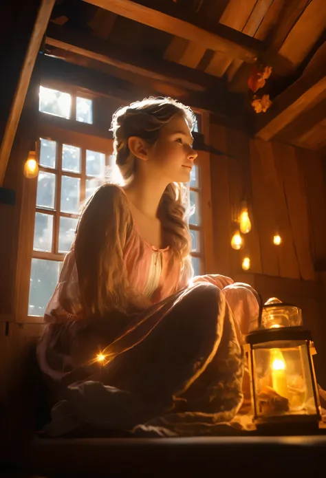 Tyndall effect，Tyndall lighting enhancement，Tyndall effect加强，Cute elf girl sitting curled up in dark cabin，Beautiful and delicate face，Look up at the skylight，Strong sunlight shines on her face through the only four-pane skylight，Tyndall effect，Tyndall lig...