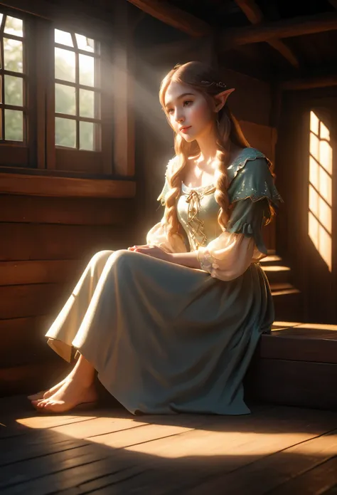 Tyndall effect，Tyndall lighting enhancement，Tyndall effect加强，Cute elf girl sitting curled up in dark cabin，Beautiful and delicate face，Strong sunlight shines on her face through the only four-pane skylight，Tyndall effect，Tyndall lighting enhancement，Tyndal...