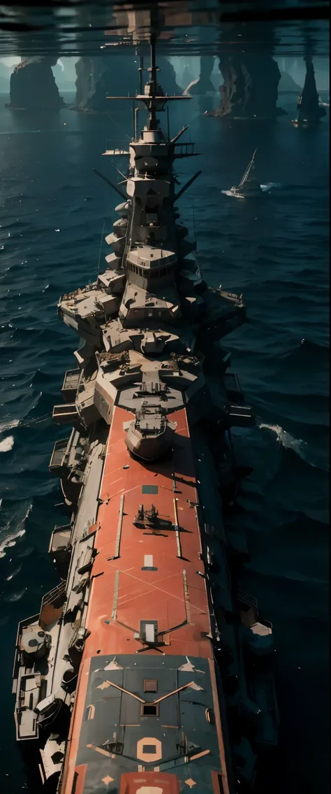 ((masterpiece, top quality, highest quality, high resolution, graphic, raw photo, 8K)), (Dark sea bottom, old battleship tilted and buried, bridge half collapsed, three main guns broken and covered with coral, large hole in the deck:1.5), Ancient battleshi...