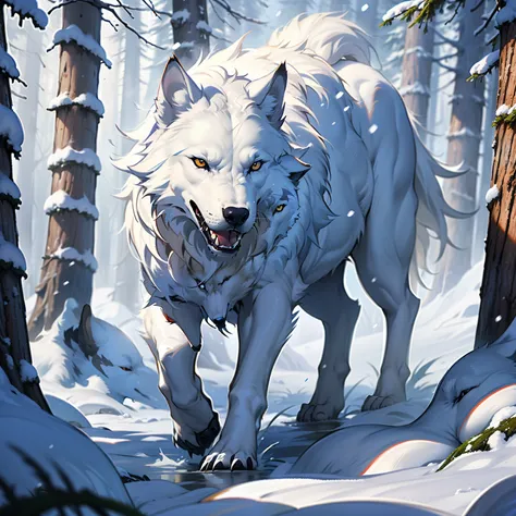 thin white wolf, slender white wolf, image of snow wolf in ice pine forest, icefield forest, long flull, falling snow, realistic...