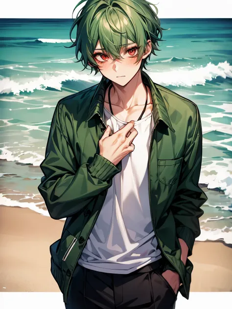 green hair, red eyes, blushing lightly, male short hair, wearing a jacket, beach