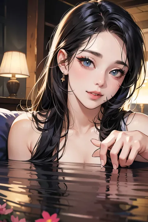 (table top, digital art, digital illustration, 4k, 8k, Super detailed, beautiful images, clear image, realistic, RAW photo, perfect face, perfect lines, perfect eyes, soft lighting) ,1 female, (long black hair,straight hair,bullish look,Beautiful woman,gra...