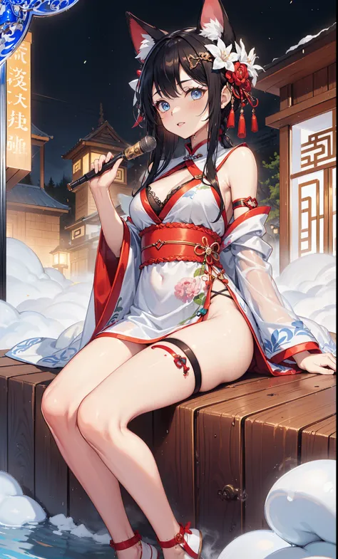 top quality，best resolution，(Drenched white long cheongsam），Super detailed, She has a white twin tail，young women，charm，Design intricate clothes，blue eyes，Vision cloud light paradise，Elegant and charming，((Wet people，A misty Chinese hot spring in the backg...