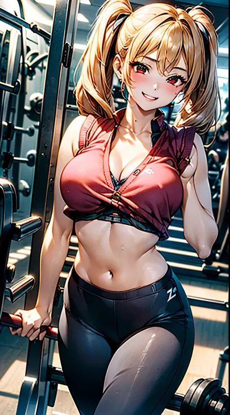 最high quality、best image quality、masterpiece、with a girl((18-year-old, ports bra, sports pants、vest bust、bust 90、blonde twintails、red eyes、open your chest wide, Slender、smile,fitness, Using Smith Machine:1.6)), high quality、beautiful art、With background((S...