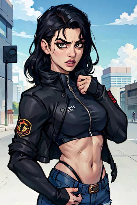 girl, black hair, black jacket, angry, body, 