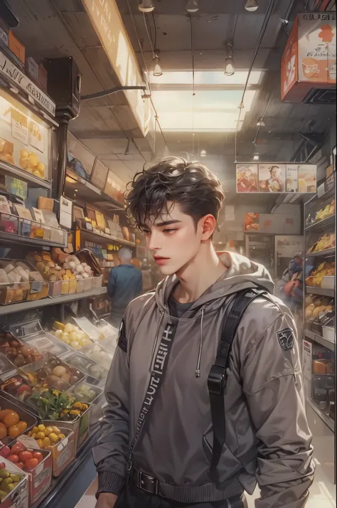 ((Best quality)), ((masterpiece)), (detailed), ((perfect face)), ((halfbody)) handsome face, male, teen boy,  perfect proportions , an artwork created by nardack, casual outfit, detailed market interior scenery background 