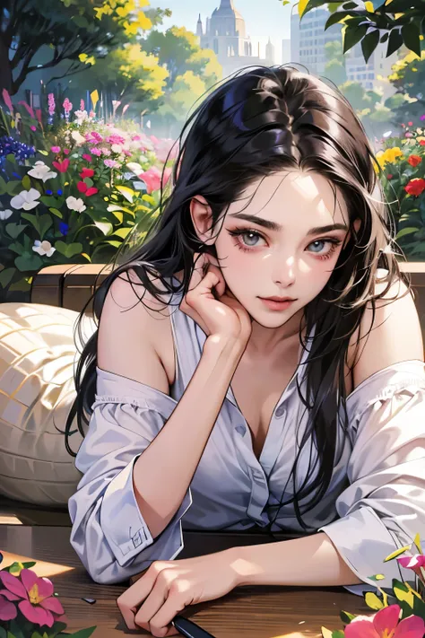 (table top, digital art, digital illustration, 4k, 8k, Super detailed, beautiful images, clear image, realistic, RAW photo, perfect face, perfect lines, perfect eyes, soft lighting) ,1 female, (long black hair,straight hair,bullish look,Beautiful woman,gra...