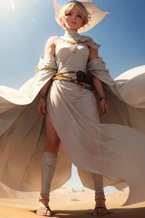 desert、sandstorm、strong wind、white clothes、wearing a turban、beautiful female adventurer、short blonde hair、((whole body))、(((photo taken from below)))