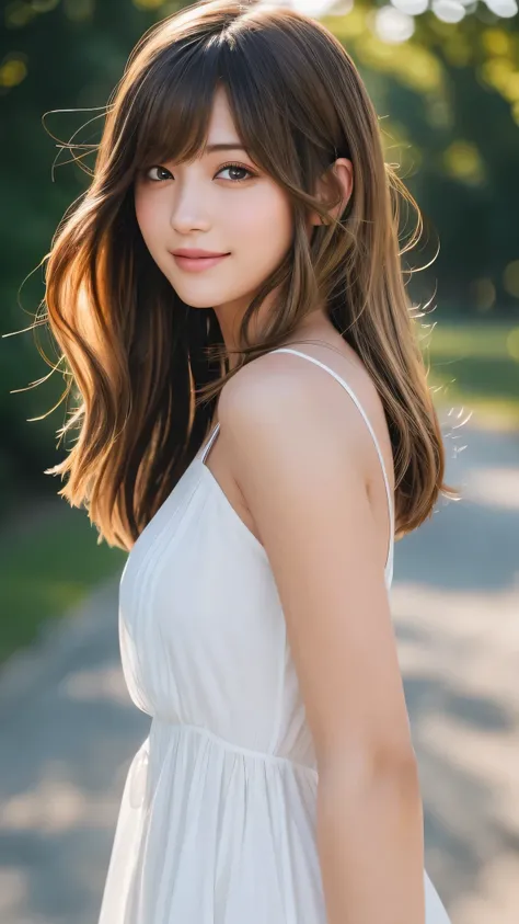 masterpiece, highest quality, 8k wallpaper, Seductive full body portrait of cute and sexy 21 year old young woman. Her hair sways in the wind and sparkles with golden highlights., casually brushing her beautiful face、Her side-parted bangs cover one eye and...