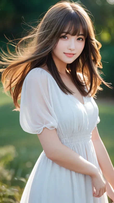 masterpiece, highest quality, 8k wallpaper, Seductive full body portrait of cute and sexy 21 year old young woman. Her hair sways in the wind and sparkles with golden highlights., casually brushing her beautiful face、Her side-parted bangs cover one eye and...