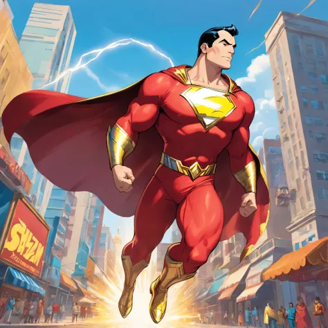 one muscle, Powerful SHAZAM in a dynamic flying pose, with a confident and determined expression on his face. His iconic red and gold superhero costume is highly detailed, mostrando as texturas e contornos do tecido. As cores vibrantes do traje, including ...