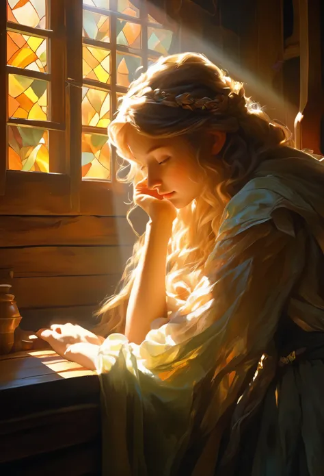 illustration，painting，acrylic painting，Cute elf girl sitting curled up in dark cabin，Beautiful and delicate face，The sunlight shines through the only four-pane skylight and casts a shadow on her face.，Strong light and dark，Tyndall effect，Tyndall lighting e...