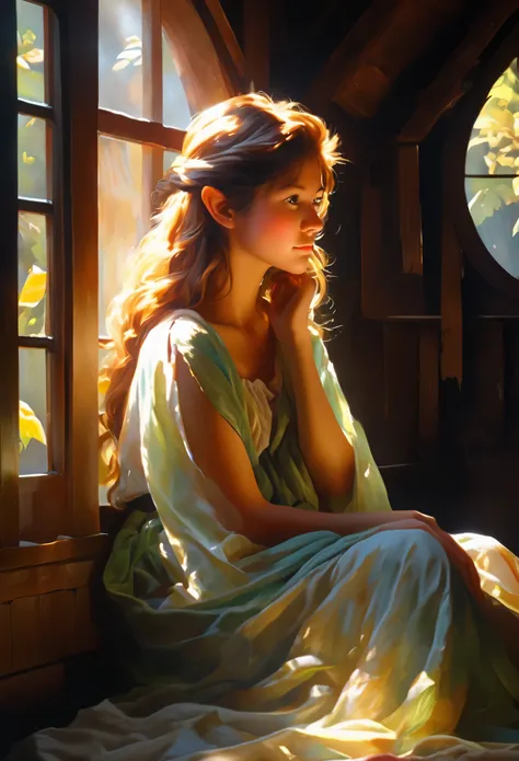 illustration，painting，acrylic painting，Cute elf girl sitting curled up in dark cabin，Beautiful and delicate face，The sunlight shines through the only four-pane skylight and casts a shadow on her face.，Strong light and dark，Tyndall effect，Tyndall lighting e...