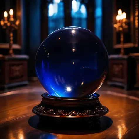 super realistic photos、　a bright blue crystal ball spreads across the screen.、　perfect sphere、　that&#39;dark and mysterious room...