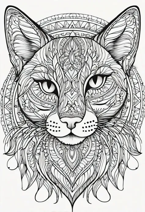 coloring page for adults, linhas em negrito, linhas escuras, cara de gato mandala, cara de mandala, symmetrical, fundo branco, a...