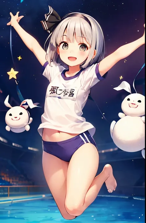 (((((whole body)))))、Youmu, This is a very cute gym uniform 、smile,、floating、barefoot、