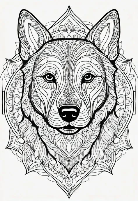 coloring page for adults, linhas em negrito, linhas escuras, mandala cara de cachorro, cara de mandala, symmetrical, fundo branc...