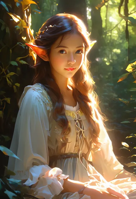 illustration，painting，acrylic painting，Tyndall effect，Tyndall lighting enhancement，Tyndall effect加强，Cute elf girl sitting in dense forest，Beautiful and delicate face，close up，The sun shines through the branches and casts shadows on her face，Strong light an...