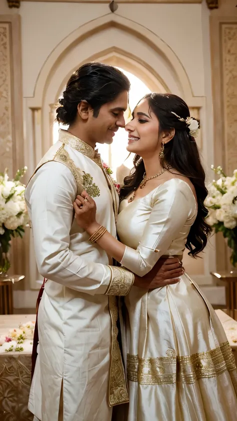 (best quality,realistic,photo-realistic:1.2),ram and ramya wedding,clear faces,beautiful detailed eyes,beautiful detailed lips,longeyelashes,natural makeup,groom in traditional attire,bride in bridal gown,happy expressions,romantic atmosphere,joyful celebr...