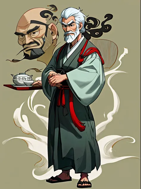 Chinese Ancient Times, An old man, Asian people，gray hair and beard, Black eyes，Thin body, Weakness of the body，standing on your feet, The background is a prison，Look at the camera with determined eyes, dressed white hanfu, There is no pattern，China-style,...