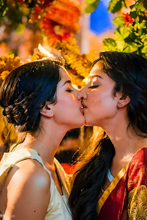 Create a realistic illustration depicting the ritual of umineer choostham. Show two or more women engaged in a passionate, sloppy kiss, with their mouths open and saliva visibly exchanged between them. The setting can be a public place or a home, with onlo...