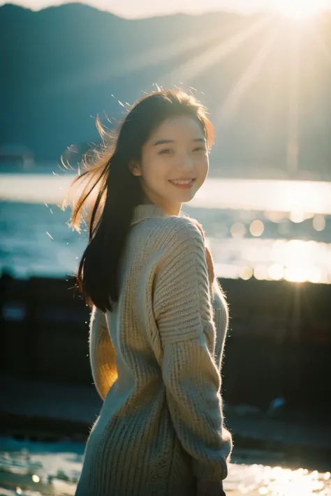 Best Quality,Masterpiece,Ultra High Resolution,(Realisticity:1.4),Original Photo,Cinematic Lighting,
1Girl,smile,backlighting,ocean,