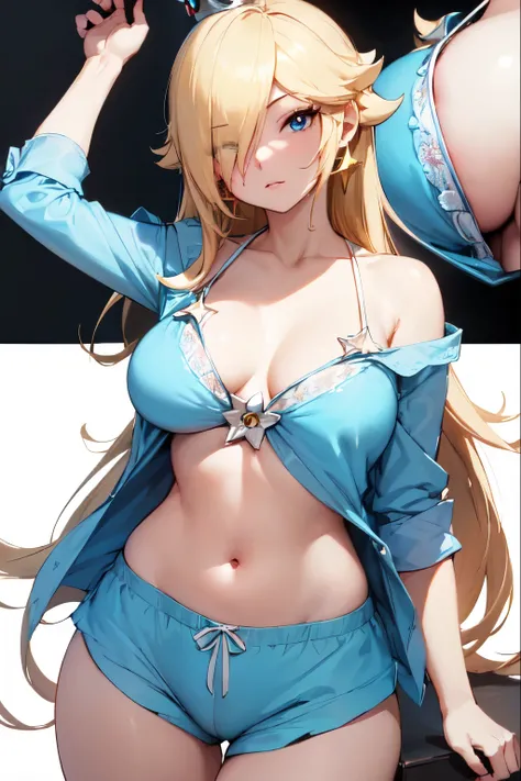 Rosalina, sleeping shorts, cow bikini, exposed crotch, character taking off her clothes with her hands, blond hair, blue eyes, hair over one eye, long hair, small breasts, very short blue blouse, low waist, part of breasts showing, blouse lifted showing pa...