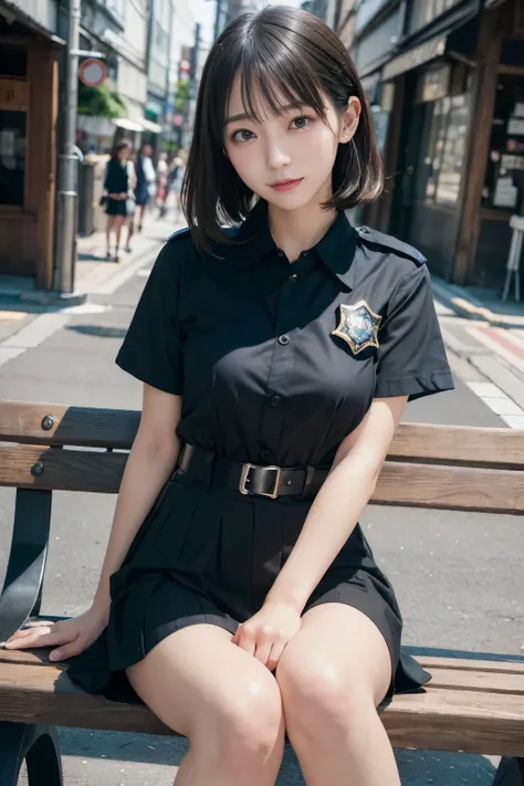 Innocent 20 year old girl、((Japan Police Officer, sexy police uniform, Skirt, Cute and elegant, Dramatic poses)),Smile,night city background,short-cut、Raw photo, (8K、top-quality、​masterpiece:1.2)、(intricate detailes:1.4)、(Photorealsitic:1.4)、octane renderi...