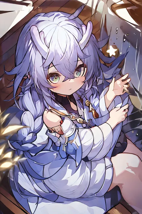 (NSFW:0.9),(:1.4), alone, whole body, sitting, dynamic angle, white hair, flat chest, frilly, 3 years, brown hair, long hair, night, starry sky, dark, Sleepy, Want sleep, animal ear muffs, hugging teddy bear, cover breasts,Shy, blush,A little girl in pajam...