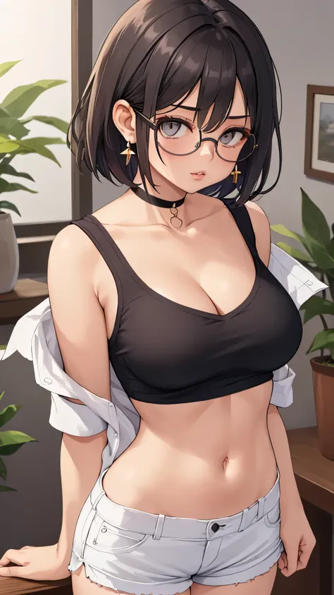 a sexy woman wears glasses and a shirt with no sleeves to reveal large cleavage, breasts, 1girl, navel, shirt, jewelry, glasses, looking at viewer, solo, earrings, choker, short hair, midriff, cleavage, white shorts, short sleeves, shorts, round eyewear, i...