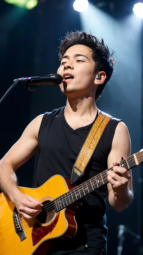 a boy named jeff singing in a concert,vivid colours,hd