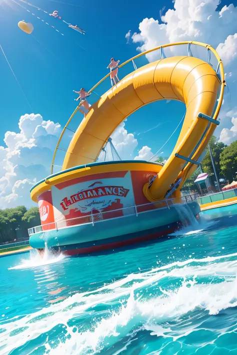 Water theme park logo design. The text is "Jacques Amusement Park", Chuanghui vector illustration, Draw a giant trampoline on the water，Highlight the bounce and elasticity of the trampoline，Full of summer flavor, The logo should be attractive to children, ...