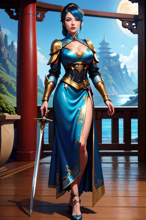 a close up of a short amazon woman in her 30s, with blue eyes and ocean blue hair, wearing a blue and black victorian ballgown dress, an empress with blue eyes, female swordswoman, chinese princess, standing in a chinese temple, new costume concept design,...