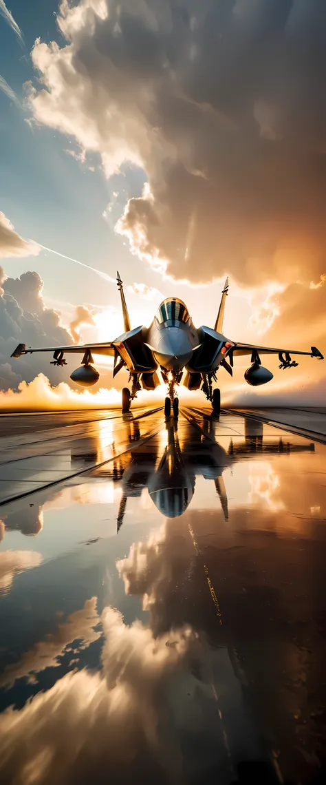 wide shot photo of modern fighter jet, raw, ((fighter jet):1.3), ((majestic decal):1.1), ((tyndall effect):1.5), ((sunlight pene...