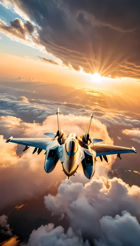 wide shot photo of modern fighter jet, raw, ((fighter jet):1.3), ((majestic decal):1.1), ((tyndall effect):1.5), ((sunlight pene...