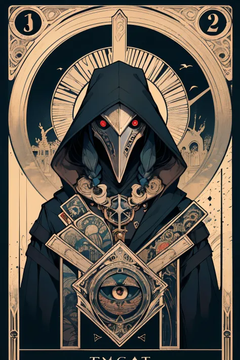 1 man, plague doctor, a bird-like beak mask, (long black hair:1.1), blood eyes, Victoria coat, hold a quill, (zendispute, mandala, dispute, endispute:0.6),(Fractal art),Chaos in its most beautiful form,Mucha art style, consciousness, steam Punk, Tarot card...