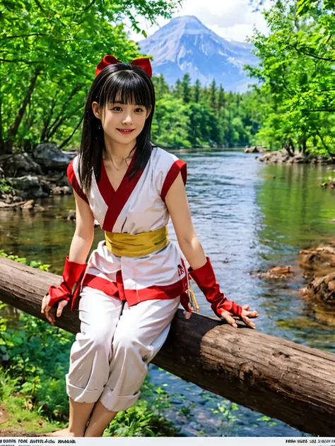 masterpiece, highest quality,1 girl, sitting on a log, lake under the log, red bow, bow, long hair, hair bow, Ainu costumes, alone, hair band, bird, black hair, fingerless gloves, short sleeve, gloves, sash, pants, bangs, red hair band, arms, chest, brown ...