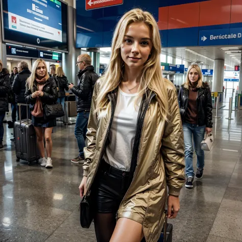 24 year old blonde girl, on the Italy airport, with luggage and long jacket
