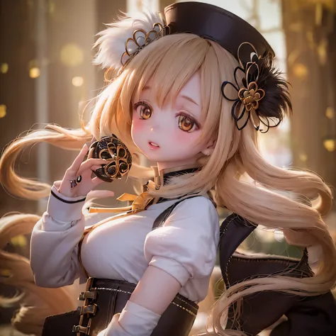 (best quality,ultra-detailed,masterpiece:1.2),expressive eyes,perfect face,beautiful Mami Tomoe,sofisticated pose,long pink hair,golden eyes,soft pink lips,detailed magical girl costume,dark background,glowing ,anime style,soft lighting,vibrant colors,myst...