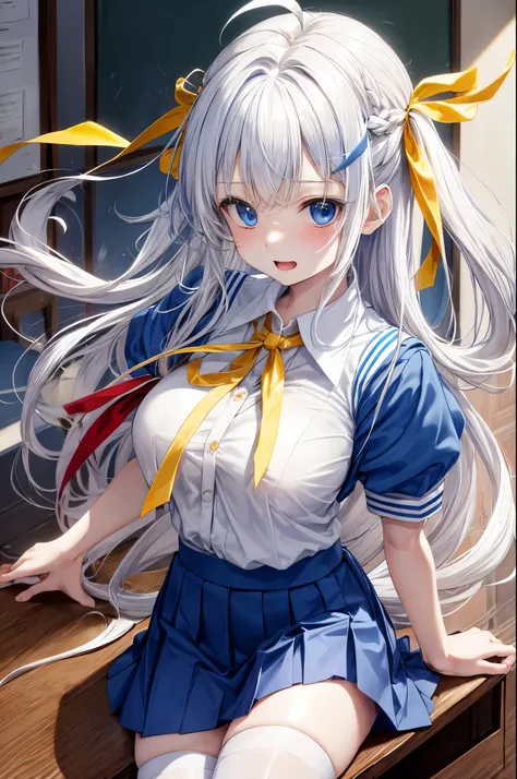 Ahoge with pale skin colored hair、High school girl with big blue and light blue eyes　｛Wearing red and vermilion uniforms｝、A yellow ribbon is attached to the chest of the uniform.　I&#39;m in the student council room at school.　beautiful feet、brown mini skir...