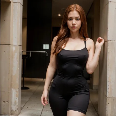 Thick redhead girl, sexy tight jumpsuit, 