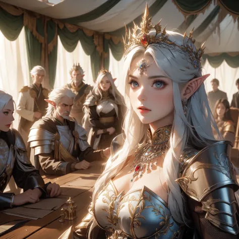 the elven queen, exuding the majestic aura of her regalia and crown that symbolize her authority, stands with beautiful white ha...