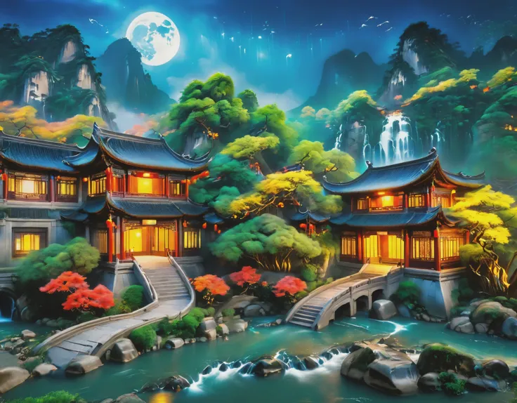 ((diffuse colors)) Ancient Chinese architecture, cool colors, dark night, moon, garden, bamboo, lake, stone bridge, rockery, arch, corner, tree, running water, landscape, outdoor, waterfall, grass, rock, intense rainfall, thunderstorm, vines all around, gi...