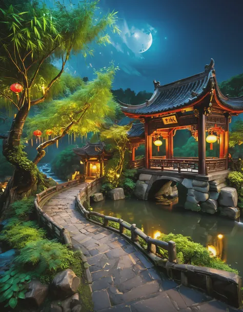 ((diffuse colors)) Ancient Chinese architecture, cool colors, dark night, moon, garden, bamboo, lake, stone bridge, rockery, arch, corner, tree, running water, landscape, outdoor, waterfall, grass, rock, intense rainfall, thunderstorm, vines all around, gi...