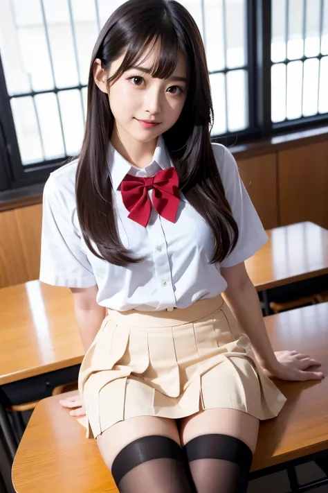 high-angle shot、Center view、Arafe asian woman in short skirt and bow tie sitting on a desk in classroom、cute school girl、Japan Girl Uniform、Wearing Japan school uniform、Japan School Uniforms、a hyperrealistic 、Dressed as a 、a hyperrealistic 、Wearing a unifo...