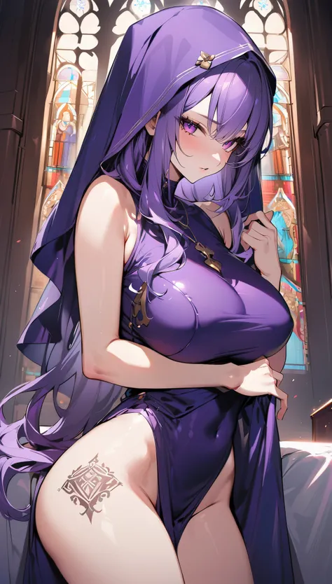 Gorgeous girl, Nice ass, beautiful big breasts, Thin waist, open legs, high facial detail, monastic, nun costume, church, cathedral, ((Purple long hair)), A high resolution, Masterpiece, high quality, ultra detailed, A high resolution, tattoo on stomach, t...