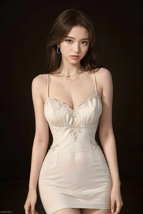 1 girl,(alone:1.2),Exquisite facial features,true,(leggy realism:1.2),jewelry,necklace,brown hair,breast,brown eyes,hands on hips,split,earrings,lips,white wedding dress,simple background,looking at the audience,medium breast,short hair,cosmetics,(perfect ...