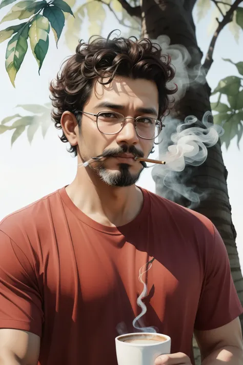 Watercolor illustration, sketch, watercolor, pastel colors, extremely sharp, indonesian man, curly  hair, little beard, little mustache, red tshirt, in the tree, drink coffees, smoking cigarette, white background,