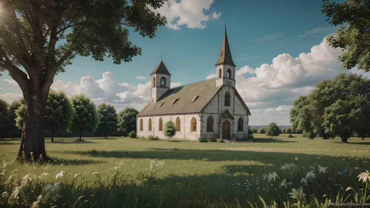 An old Catholic church situated in a green field, with some trees, with some flowers, mainly lilies, a blue sky with some clouds and the sun in the background, photorealistic image, photo, 8k, realism